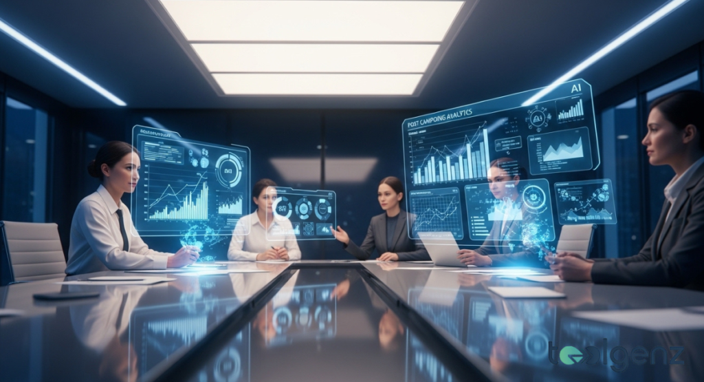 Women in professional attire sit in a dark, minimalist boardroom, illuminated by floating "Post Campaign Analytics" holograms. The scene depicts the reflective phase of evaluating technological performance and user data.