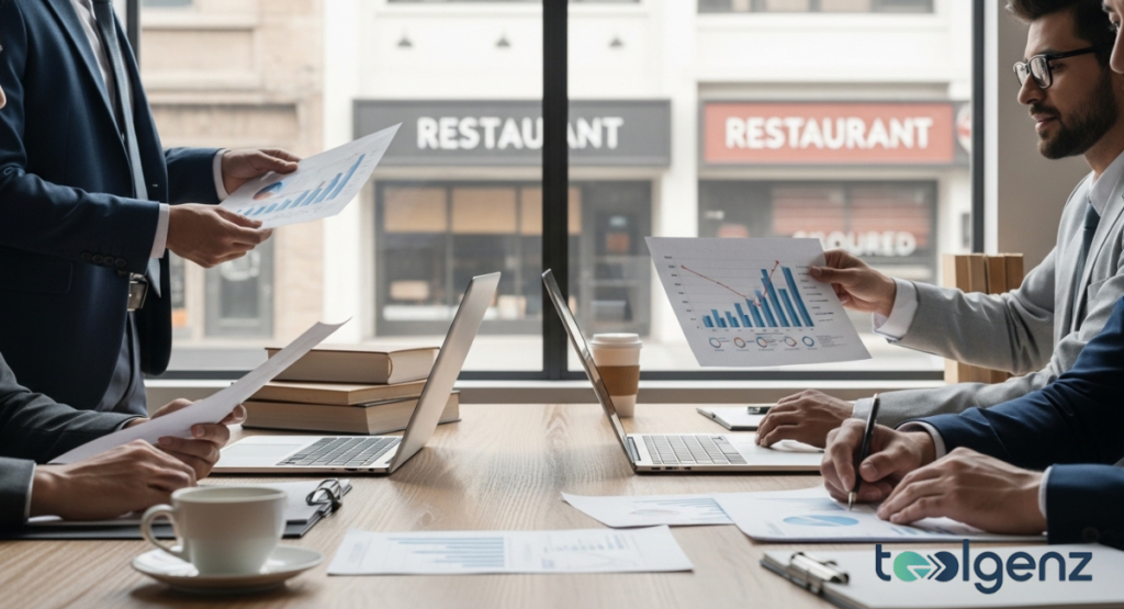 The 'Official For Sale / Bankruptcy' sign for a Pizza Chain Closing is visible through a large glass window as business professionals review related legal and financial documents.