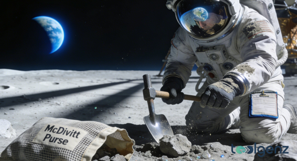 An astronaut is kneeling on a grey lunar landscape, using a hand shovel to collect a small rock sample while a bag marked "McDivitt Purse" is positioned nearby. The curved Earth is visible as a blue crescent in the black sky.