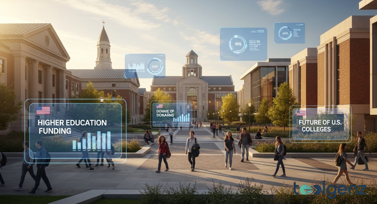 Students walk a sunlit U.S. college campus as holographic charts for “Higher Education Funding” and “Future of U.S. Colleges” float overhead. The visual represents how a MacKenzie Scott higher education donation impacts enrollment, aid, and long-term campus planning.