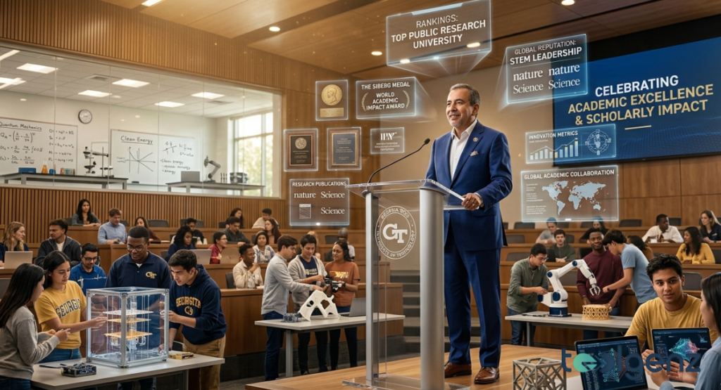 Angel Cabrera speaking at a podium in a crowded, modern lecture hall, surrounded by floating holographic awards and metrics.
