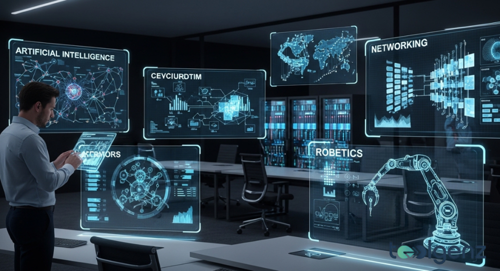 A man in a dark server room looking at several floating glass displays showing "Artificial Intelligence" and "Robotics."