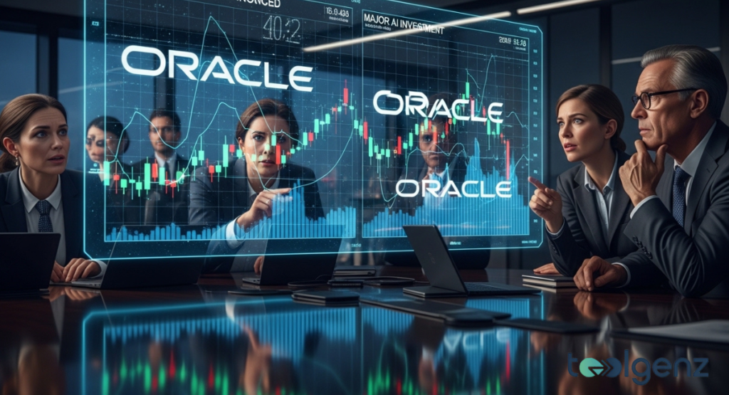 Executives around a conference table study a holographic stock and investment display. Blue charts and candlesticks hover above the glossy tabletop.