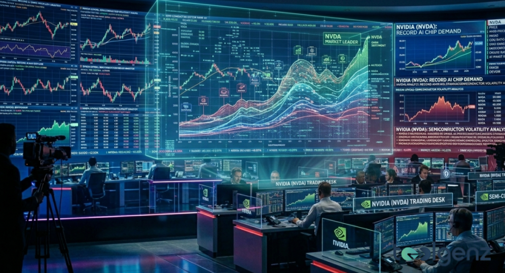Traders watch wall-sized screens showing NVDA stock charts, “RECORD AI CHIP DEMAND,” and volatility analysis.