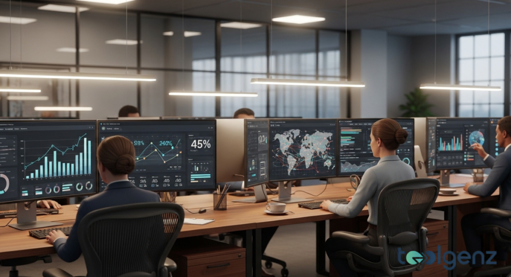 A businessman works in a room with three large monitors displaying detailed analytics, charts, and maps using modern technology media. His hand hovers over a tablet to navigate the digital interface
