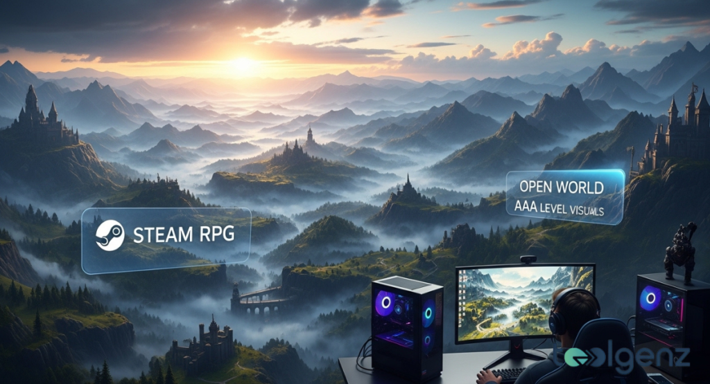 A gamer at a dual-PC setup faces a vast mountain landscape at sunrise with “STEAM RPG” and “AAA LEVEL VISUALS” holograms.