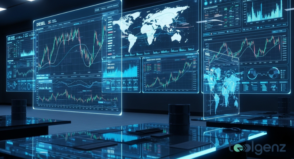 Holographic dashboards display global market charts, price volatility graphs, and world maps in a dark analytics room.