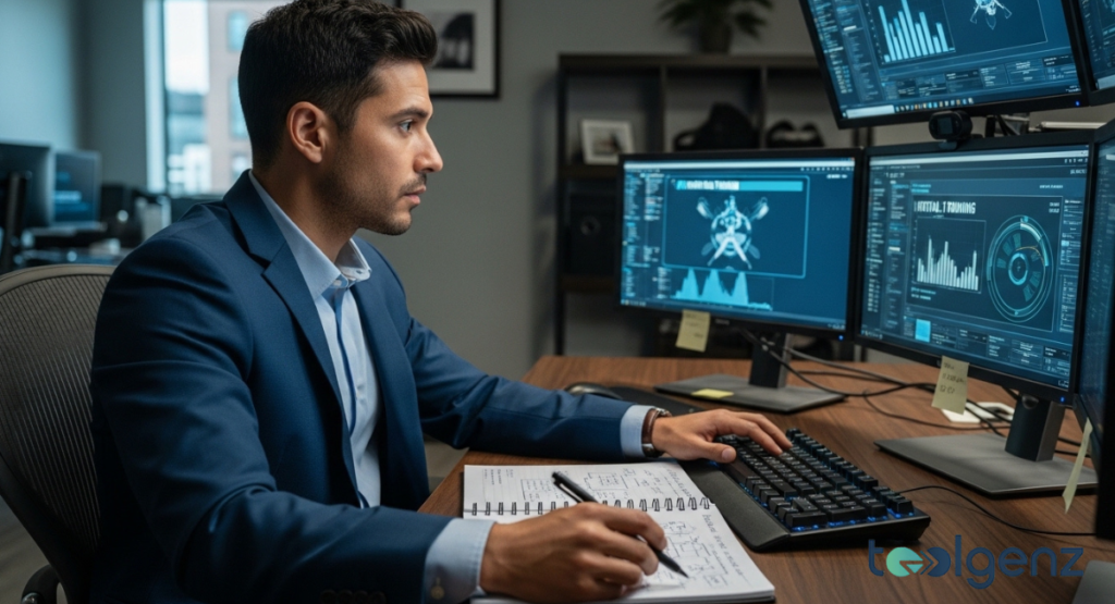 A man in a blue suit works at a desk with four monitors displaying complex data analytics and performance metrics.