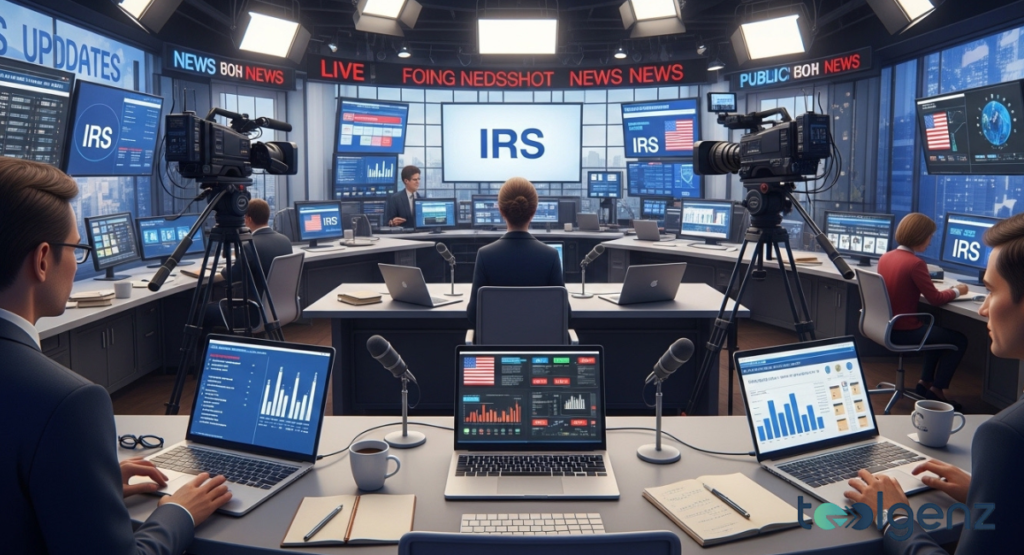 A newsroom filled with cameras, laptops, and multi-screen walls displays “IRS” graphics during a live broadcast.