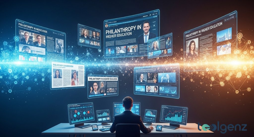 A person at a desk faces floating news screens titled “Philanthropy in Higher Education” connected by a network of light.