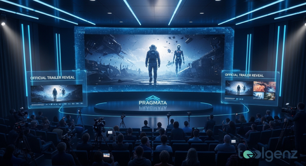 Audience watches a cinematic trailer on a massive screen during a press event. Side displays read “OFFICIAL TRAILER REVEAL” while cameras capture the moment.