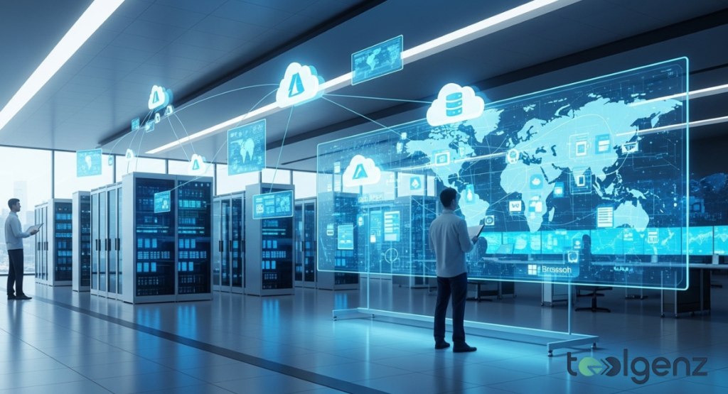 An expansive data center filled with server racks under a network of glowing cloud icons and a world map projection.