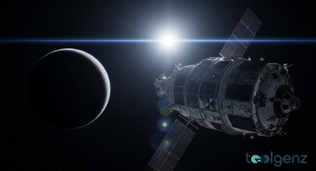 A cylindrical spacecraft with deployed solar panels orbits a dark, crescent-shaped celestial body.