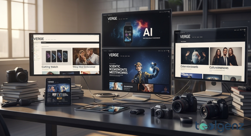 A complex multi-monitor setup displaying various Verge sections like "AI," "Scientific," and "Culture News." Several DSLR cameras and lenses are scattered across the desk.