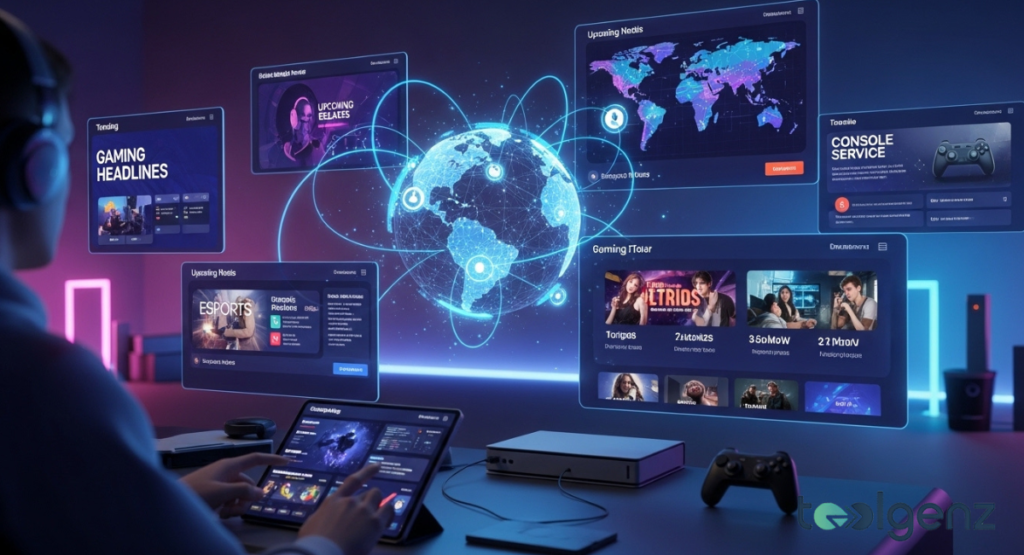 A gamer uses a tablet while holographic panels show “GAMING HEADLINES,” “UPCOMING RELEASES,” and “ESPORTS” around a globe.