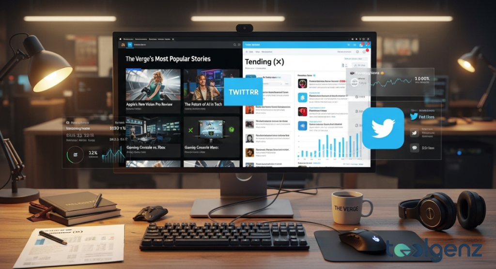 A side-by-side digital comparison on a single monitor between The Verge’s most popular stories and Twitter (X) trending topics. A "The Verge" branded coffee mug and high-end headphones sit on the desk.