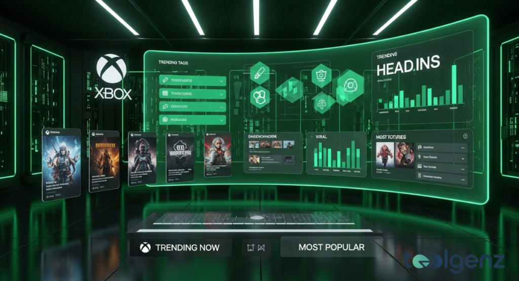 High-tech analytics room with a curved dashboard showing trending tags, viral charts, and most popular game articles.