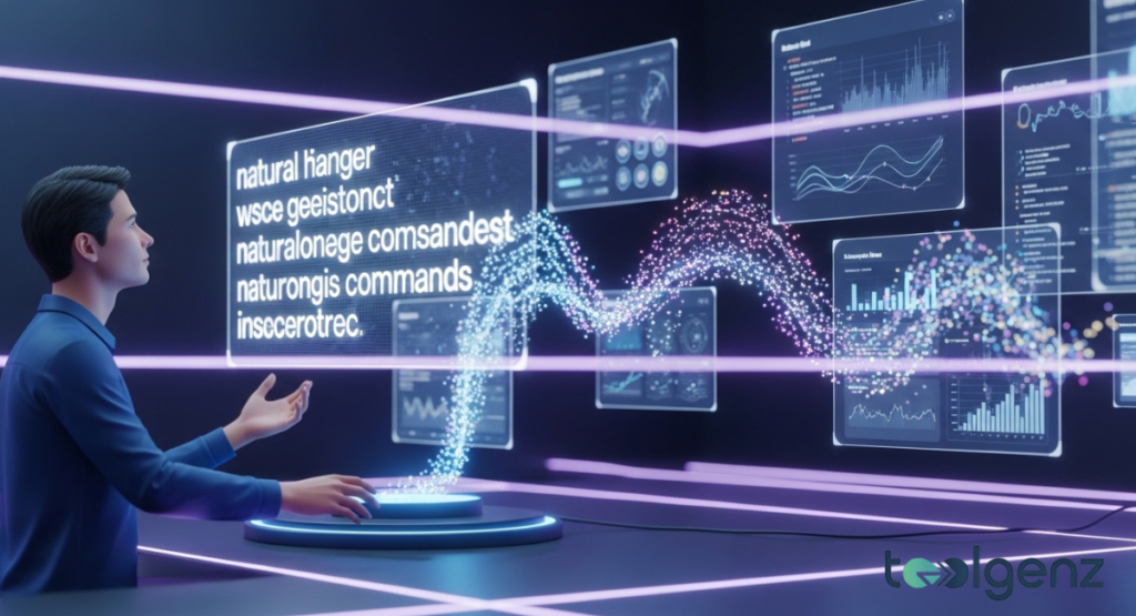 A developer using a transparent floating interface to input text commands that automatically generate complex data charts. Particles of light flow from the text to the visualizations to represent rapid iteration.