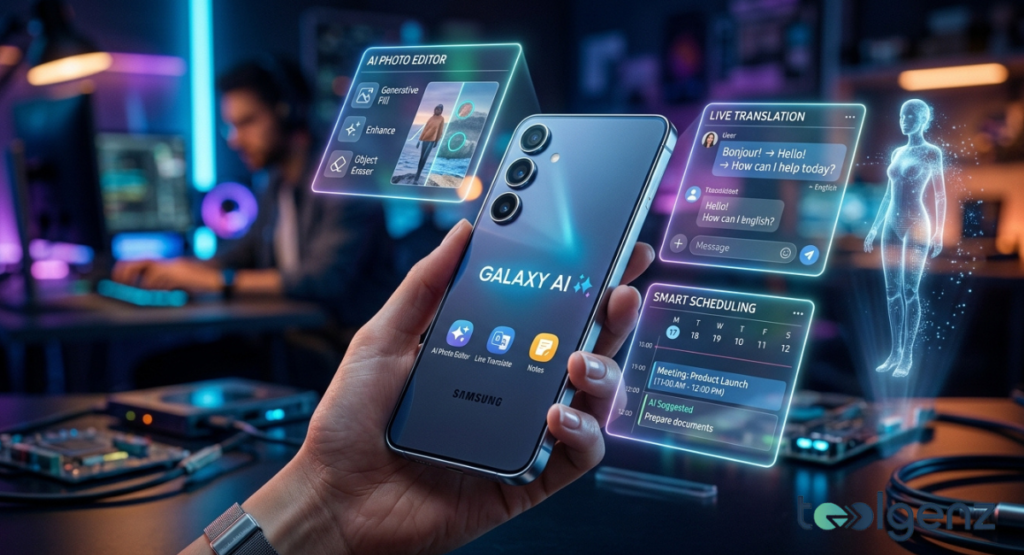 Hand grips a Samsung phone with “GALAXY AI” on screen as holographic cards show AI Photo Editor, Live Translation, and Smart Scheduling with a 3D avatar in a neon-lit workspace.