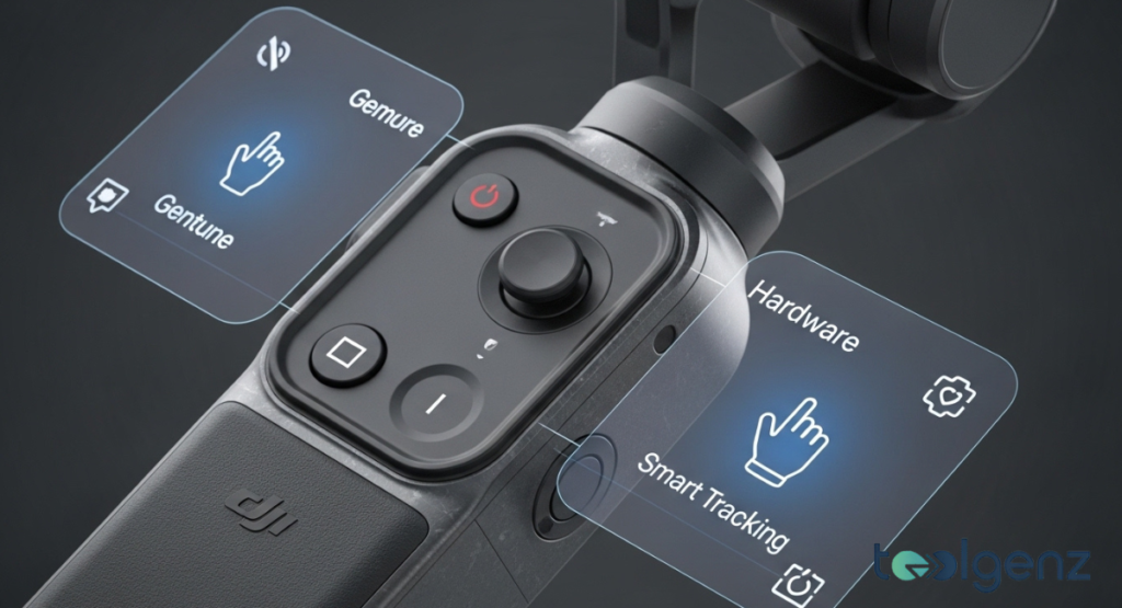 A macro view of the camera grip shows redesigned buttons, joystick, and smart tracking controls with floating UX callouts.
