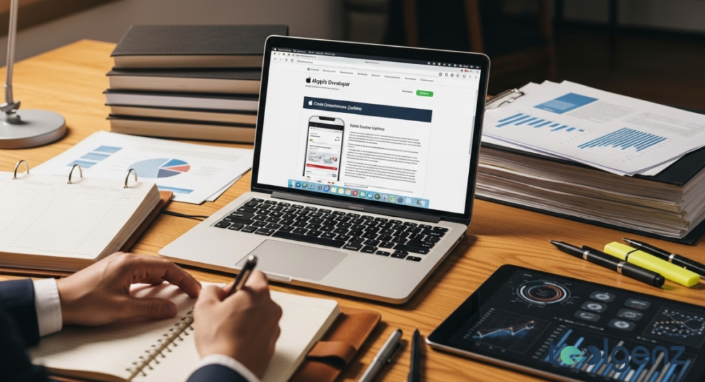 A professional reviews developer guidelines on a laptop screen while taking notes in a physical ledger surrounded by paperwork.