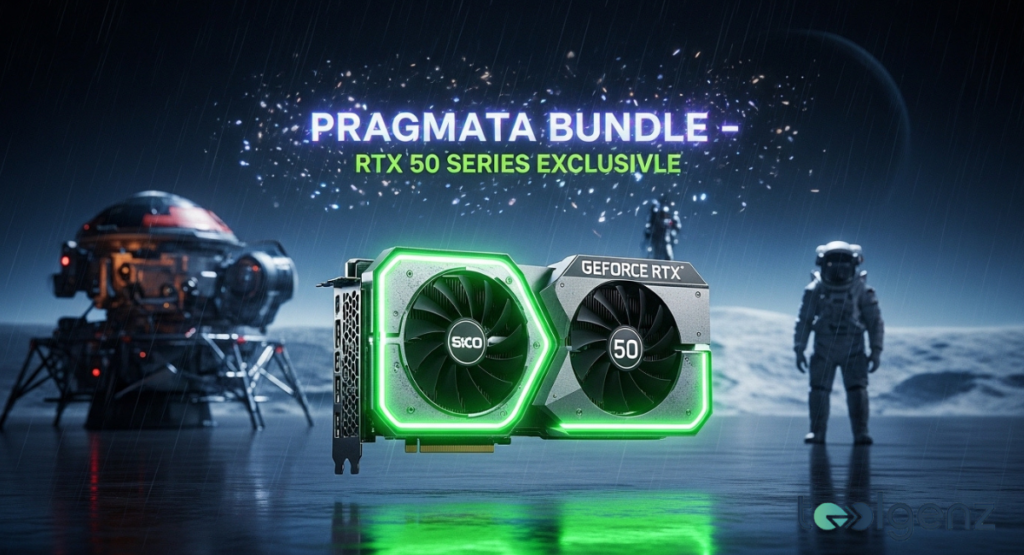A neon-green RTX 50 Series GPU floats on a lunar surface with an astronaut nearby. Text above reads “PRAGMATA BUNDLE - RTX 50 SERIES EXCLUSIVE” under falling particles.