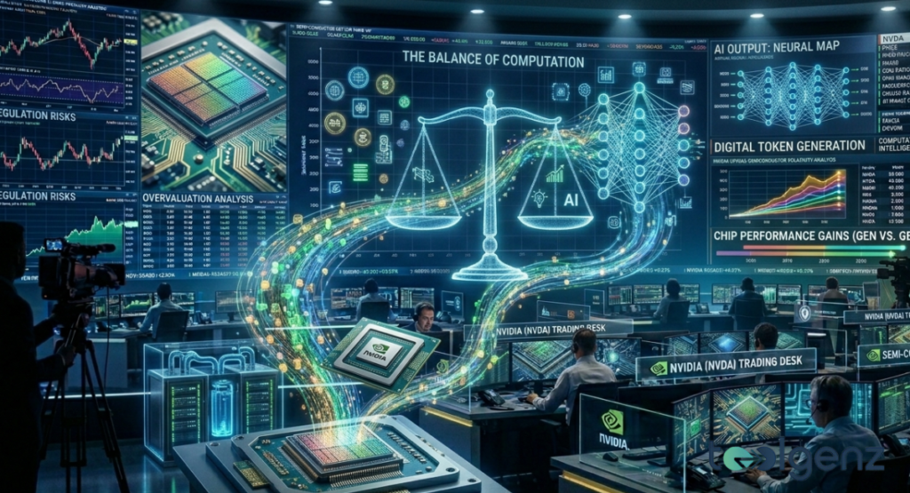 A futuristic trading desk displays a GPU at center, with data streams flowing into a neural network labeled “DIGITAL TOKEN GENERATION.”