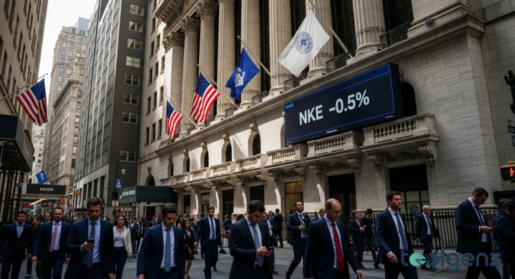Crowds in suits walk past the New York Stock Exchange as a screen shows “NKE -0.5%”. American flags hang from the neoclassical facade on a busy trading day.