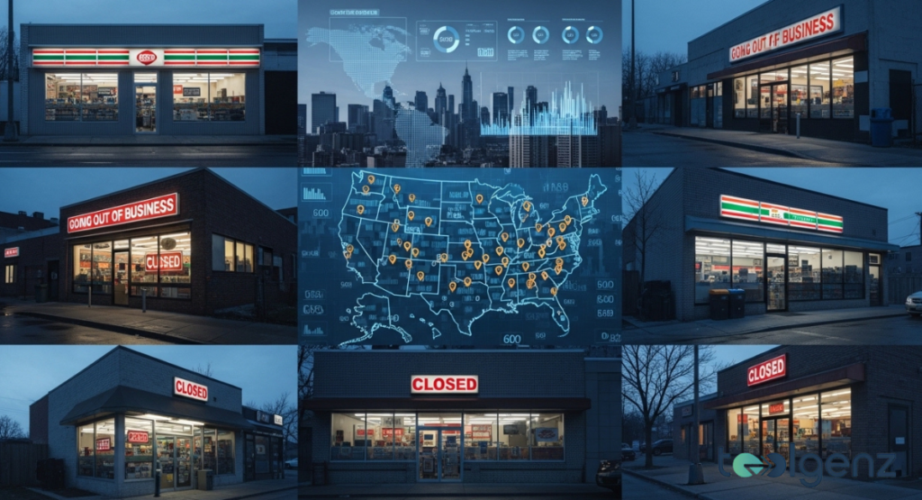 A collage shows multiple shuttered shops with “Closed” and “Going Out of Business” signs, plus a US map with closure pins.