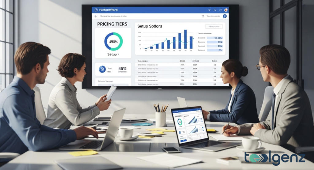 A professional desk setup with a laptop, tablet, and smartphone all displaying different subscription tiers and pricing models for software.