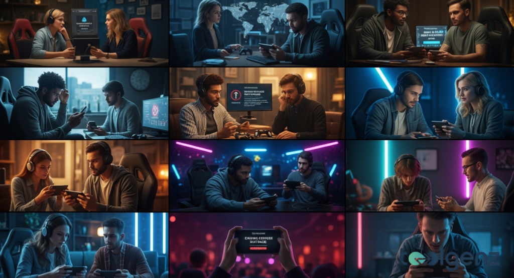 A grid of twelve scenes shows frustrated gamers checking phones, consoles, and PCs with error messages and offline alerts.