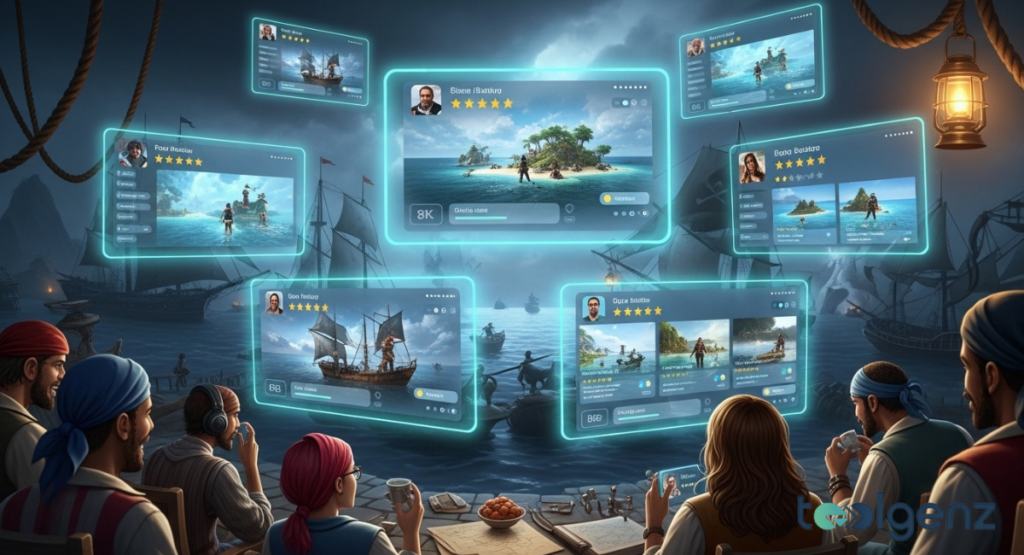 Players dressed as pirates sit around a table at night, watching floating review cards with star ratings and gameplay clips.