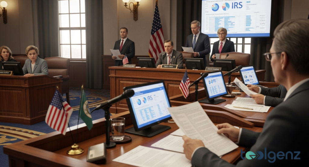 Lawmakers review documents and screens marked “IRS” during a formal hearing, while the Internal Revenue Service is discussed by officials at the dais.