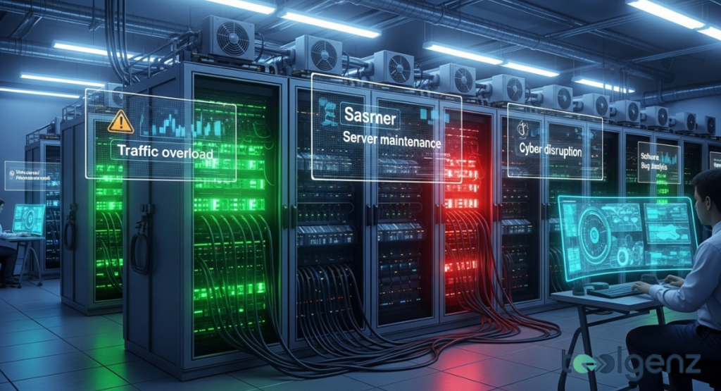 An engineer monitors server racks with holographic panels reading “Traffic overload,” “Server maintenance,” and “Cyber disruption.”