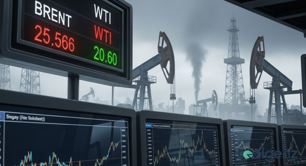A digital scoreboard displaying Brent and WTI oil prices in red and green text against a backdrop of industrial oil rigs. Smoke rises from a distant chimney under a hazy, overcast sky.