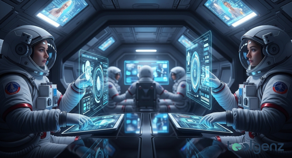 Two astronauts interact with floating touchscreen interfaces inside a futuristic training or flight module.