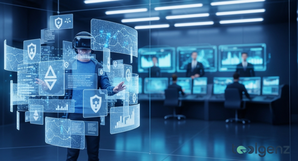 man in a VR headset stands in a data center, surrounded by multiple glowing screens displaying charts, graphs, and shield icons.