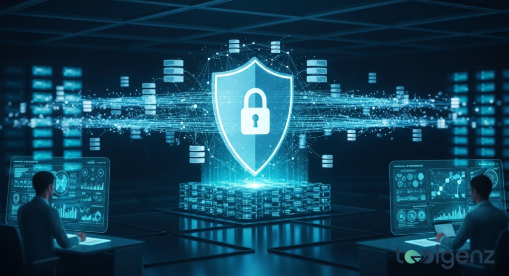 A glowing shield with a lock icon hovers over data streams connecting server stacks in a dark blue control room.