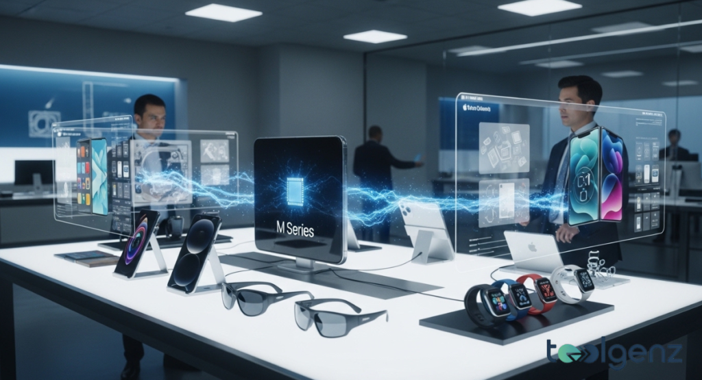 Two executives stand on a keynote stage with “Apple Leadership Transition” on the curved screen behind them as the audience applauds the announcement of a new CEO.
