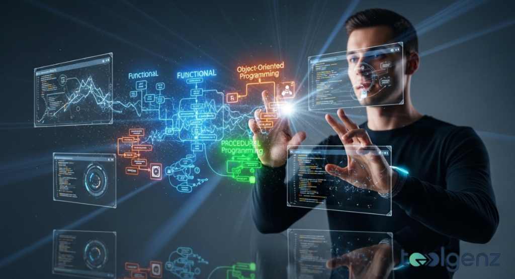 A developer using hand gestures to interact with floating code snippets and paradigm labels like "Object-Oriented" and "Functional."