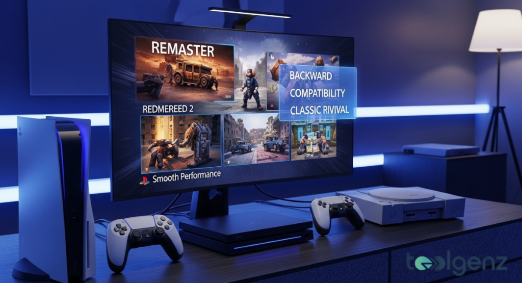 A PS5 and PS4 sit beside a modern monitor showing “REMASTER,” “BACKWARD COMPATIBILITY,” and “CLASSIC REVIVAL” overlays.