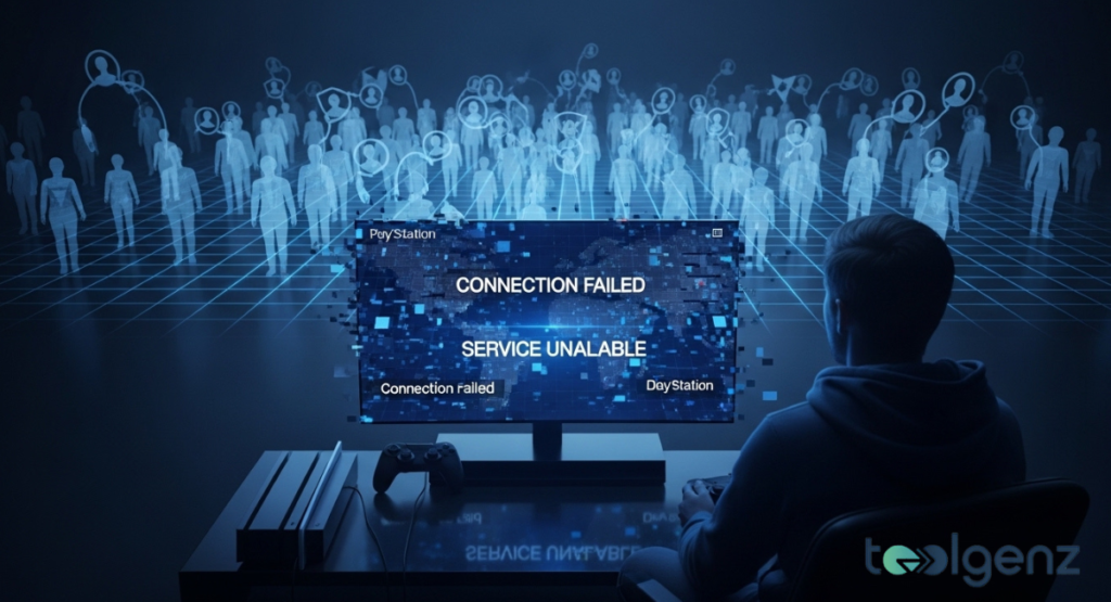 A gamer sits in front of a large monitor displaying Is PlayStation Network down “CONNECTION FAILED” and “SERVICE UNAVAILABLE” with pixel glitches across the screen. Holographic silhouettes of players disconnect behind him, showing multiplayer services offline for thousands of users.