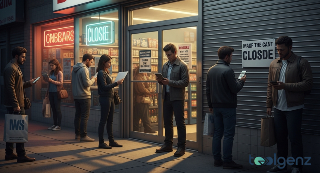 Shoppers check phones and hold bags outside a shop with “Closed” signs and a metal shutter partially down.