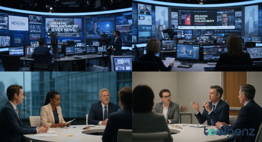A four-panel collage shows a newsroom covering “Breaking Philanthropy” and experts debating at a roundtable.
