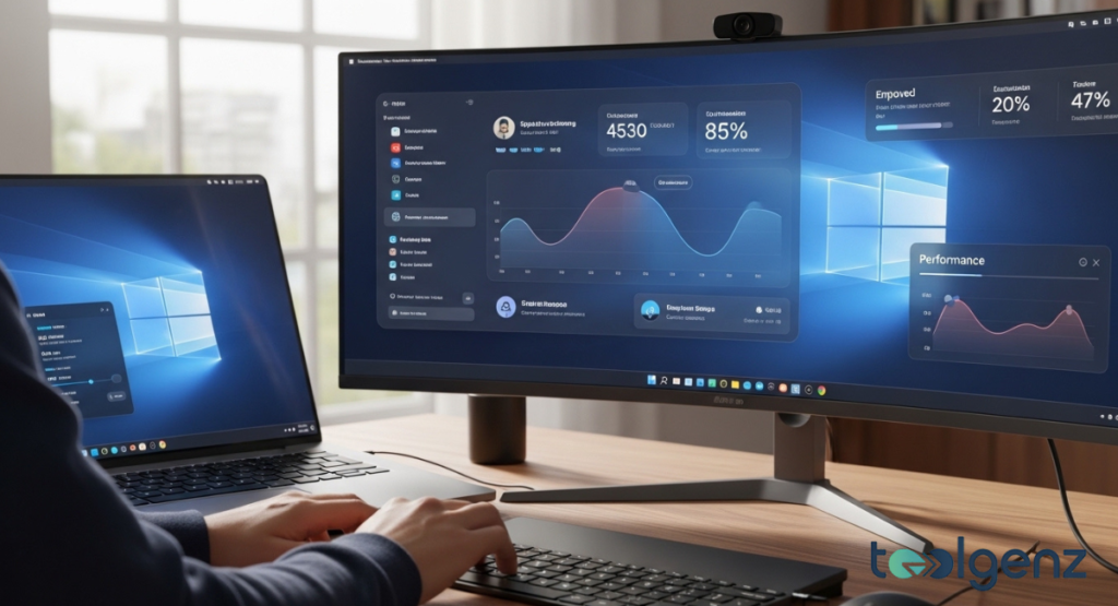 A person uses a dual-monitor setup displaying performance graphs, stability metrics, and a clean dashboard UI.