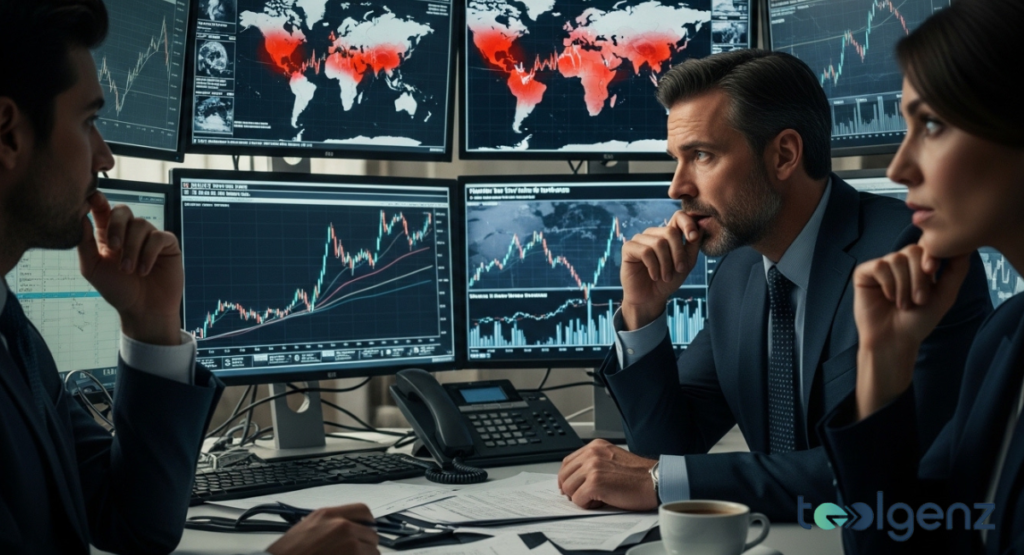 Three analysts with pensive expressions watching a wall of monitors that display a world map with red heat zones. The atmosphere is tense as they evaluate the impact of global conflicts on trade.