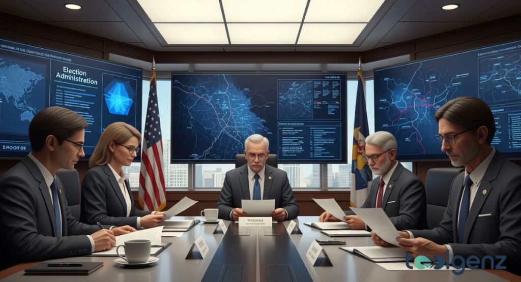 Five officials in suits review documents at a conference table while large screens show “Election Administration” maps and data.