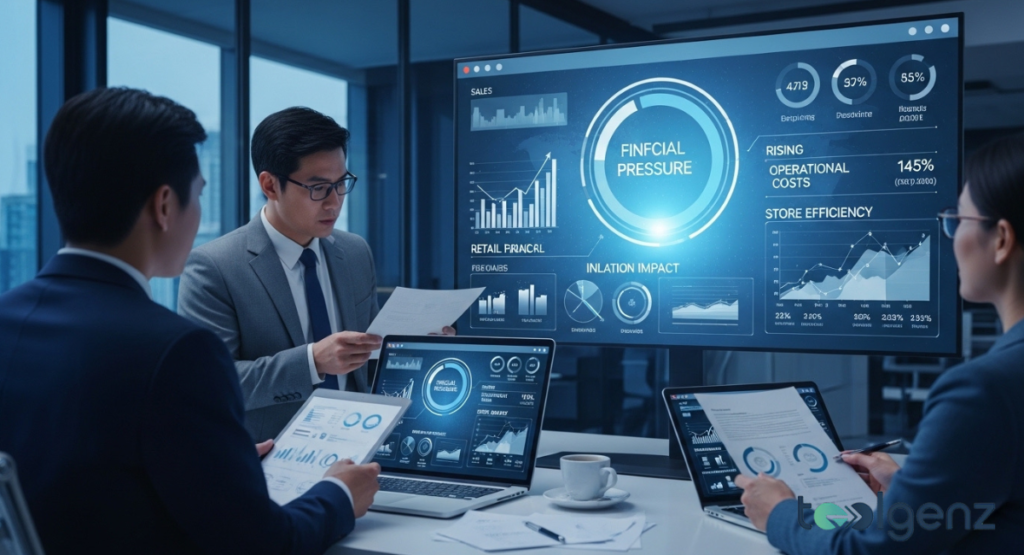 Executives in a glass office review large screens and laptops showing charts for sales, inflation impact, and rising operational costs.