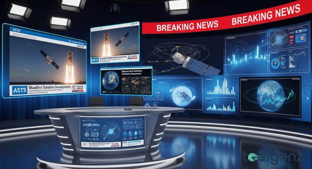 A newsroom set displays “BREAKING NEWS” banners with large screens showing BlueBird satellite launches and orbital graphics.