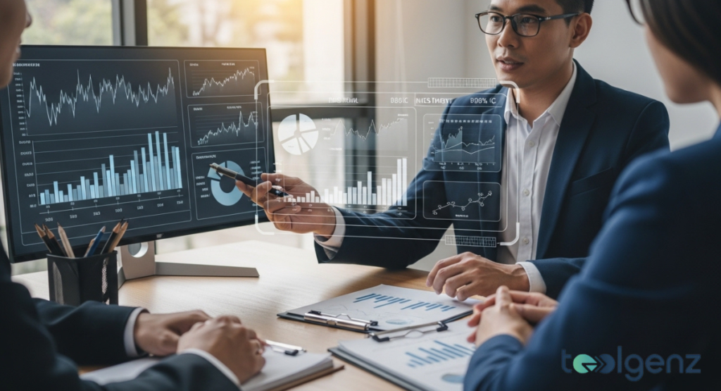 A financial consultant in a blue suit pointing toward a holographic projection of a bar chart during a client meeting. Two other individuals listen intently to the investment strategy being presented.